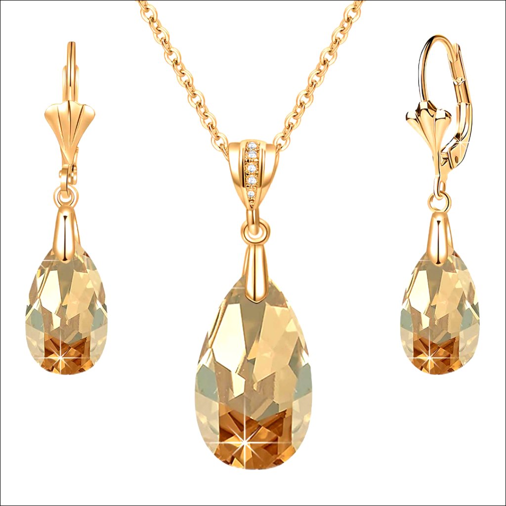 14k Gold Plated Teardrop Crystal Jewelry Set With Leverback Earrings